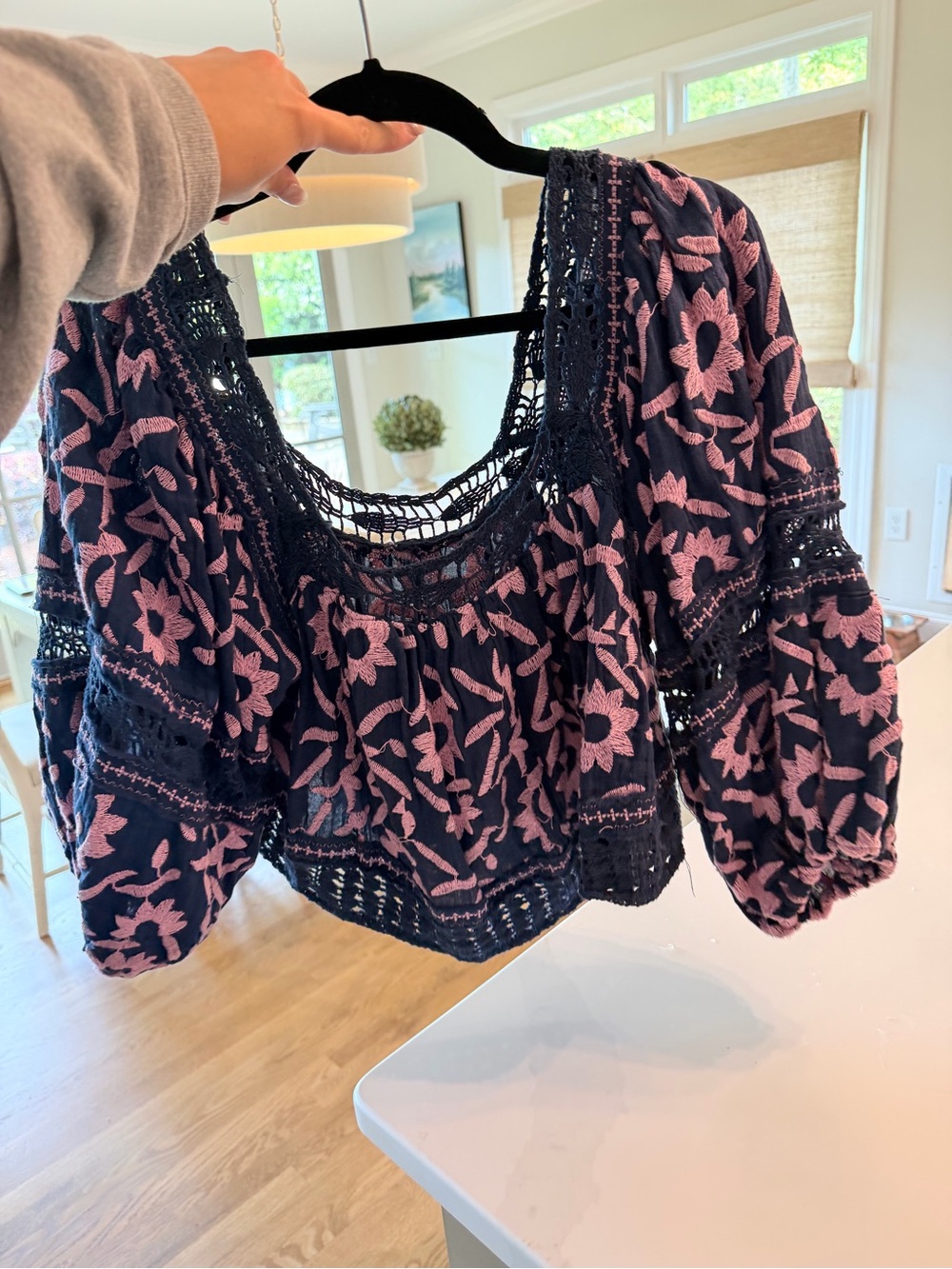 Free People Navy Blouse with Pink Floral Embroidery